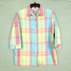 Alia Women Shirt 10 Medium 3/4 Long Sleeve Yellow Blue Pink Plaid Casual